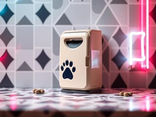 Chic geometric pattern with vintage dog waste bag dispenser & paw prints, soft focus,  urban parks,  shallow depth of field