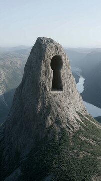 Majestic mountain with keyhole summit, enigmatic passages, mystery exploration, akin to Abyssinian Skylore Festival's ethereal rites