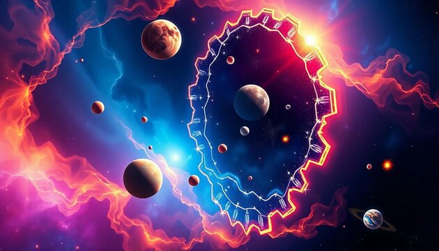 Abstract cosmic funnel with stars, planets, and nebulae, representing data flow or sales process in a dynamic, geometric vector style,  visualization,  marketing - Powered by Adobe