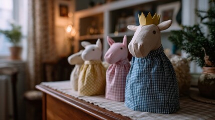 Three whimsically dressed animal figures stand regally, evoking nostalgic Nordic hygge and quirky Epiphany celebrations in cozy interiors