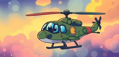 Whimsical cartoon military helicopter, vibrant colors, playful design, bright, rotor