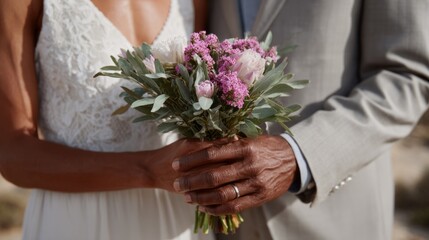 A sun-kissed bouquet held by a diverse couple reflects unity and romance, evoking Dia de Amor y Amistad