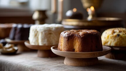 Golden bundt cakes adorned elegantly, evoking Yuletide warmth and cozy Hygge vibes, perfect for Winter Solstice feasting