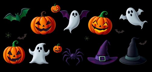 Spooky Halloween icons, including pumpkins, bats, ghosts, spiders, and witches' hats on a dark background,  design,  spider