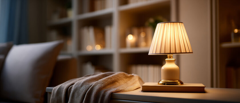 Cozy living room scene with warm glowing table lamp on a book and soft blanket draped over armrest in front of blurred bookshelf