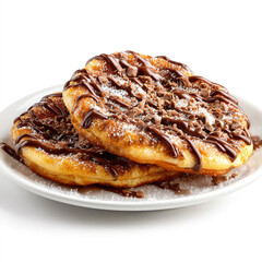 Two round fried pastries with chocolate syrup drizzle and powdered sugar on a white plate