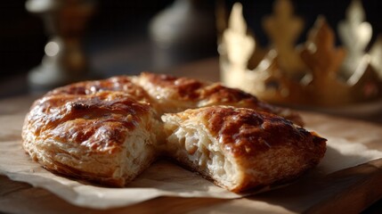 Golden puff pastry revealing creamy filling, invoking Epiphany feasting or French Galette des Rois with a regal ambiance