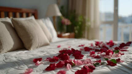 Rose petals strewn on a sunlit bed, evoking Valentine's Day romance or the Indian festival of colors, Holi