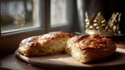 Golden Galette des Rois, buttery layers oozing almond, feast of Epiphany delicacy, rustic elegance, hidden regal surprise