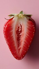 Succulent strawberry's heart exposed, vibrant red on pink; invokes Midsummer feasts, antioxidant-rich delights, and whimsical culinary artistry