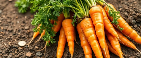 Fresh orange carrots with vibrant green tops, earthy soil visible, tops, rustic