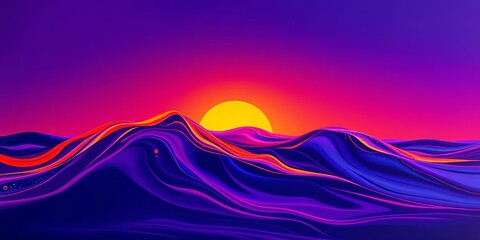 Fluid, fiery orange and purple hues paint abstract sunset waves across a canvas of deep blue,  dreamy,  mystical