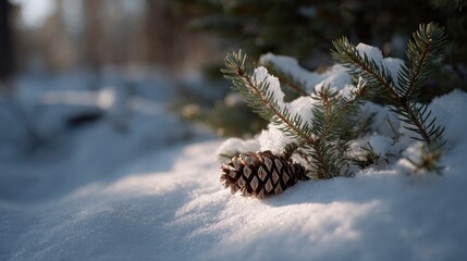 Pine cone nestled on pristine snow whispers winter solstice secrets, evoking Yule traditions and evergreen resilience in tranquil nature