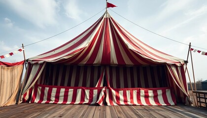 Dusty vintage circus tent, weathered canvas, faded stripes, worn wood,  design element,  carnival