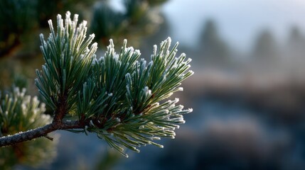 Frost-kissed evergreen needles evoke the silent ballet of winter solstice and ancient Yule celebrations in icy tranquility