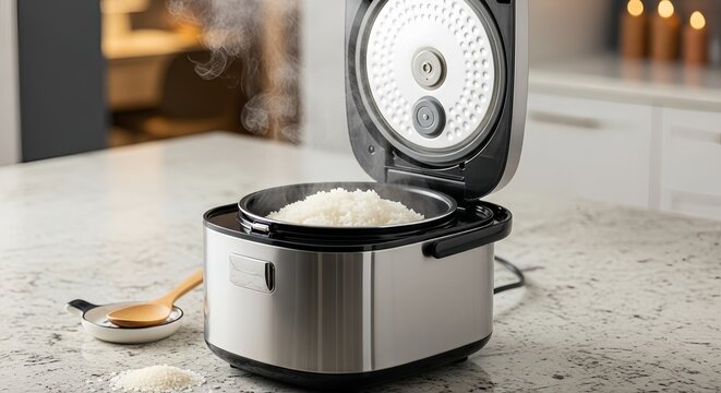 Modern electric rice cooker in silver colors with steam representing meal preparation on kitchen counter background