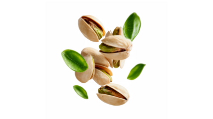 Fresh green pistachios with vibrant leaves in a delightful floating arrangement