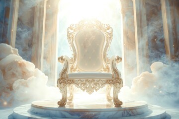 A white chair is sitting in front of a curtain