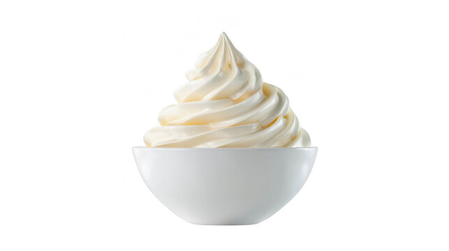 A delightful swirl of creamy vanilla soft-serve ice cream in a pristine white bowl