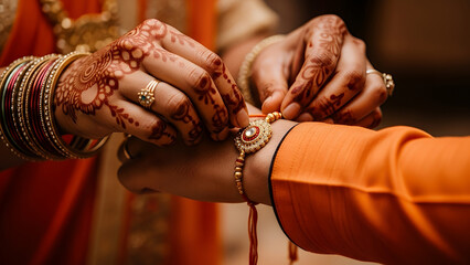Closeup of hands tying a red and gold Rakhi bracelet on a wrist during a traditional Indian celebration