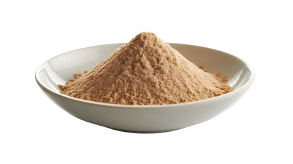 A neatly arranged pile of fine light brown powder is showcased within a clean white ceramic bowl under soft studio lighting emphasizing its texture and purity isolated on transparent backgro