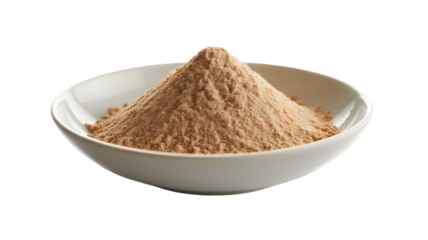 A neatly arranged pile of fine light brown powder is showcased within a clean white ceramic bowl under soft studio lighting emphasizing its texture and purity isolated on transparent backgro