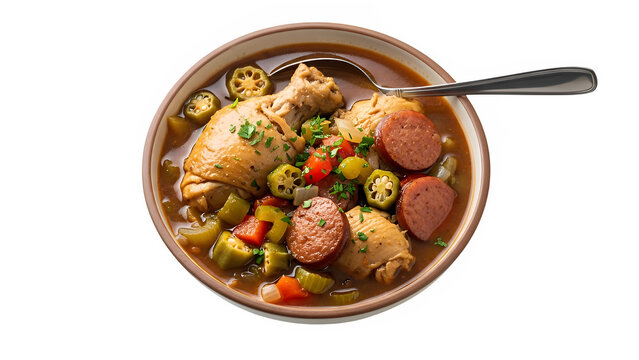 Louisiana gumbo with chicken and sausage, isolated on white or transparent background, perfect for Southern cuisine concepts, food advertising, menus, and culinary visuals. PNG format.
