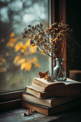 Dried flowers in a glass vase atop a stack of vintage books near a window