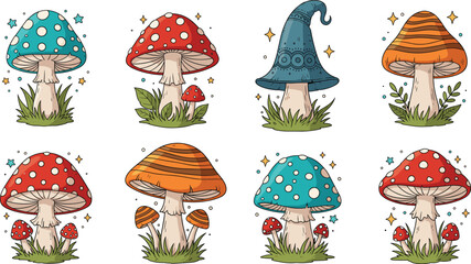 Cute fantasy mushroom illustration set with colorful toadstools magical hats grass and fairy tale elements vector © Kharshad Creative