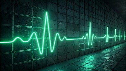 Expansive Green Neon Heartbeat Line on a Tiled Dark Wall cardiogram pulse
