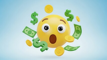 A surprised yellow emoticon surrounded by floating money against a blue background