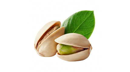 Fresh pistachios with vibrant green nuts and a natural leaf on a stark black background