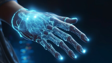 Glowing holographic bionic hand with blue digital circuitry and translucent cybernetic skeletal structure