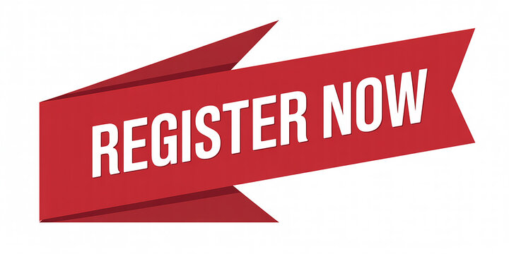 Red Ribbon Banner with " Register Now" Text on White Background registration sign up - Powered by Adobe