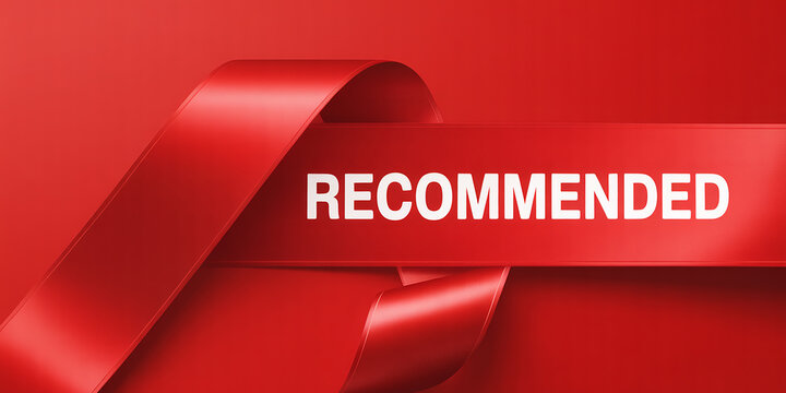 Red ribbon banner with RECOMENDED text on a vibrant red background recommended