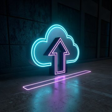 Neon Cloud Upload Icon with Up Arrow on Dark Background light