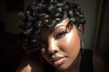 Woman with curly hairstyle looks at the camera with a bright light in a cozy indoor setting during the day