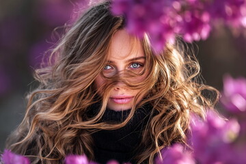 Woman with long hair in black sweater looking through purple flowers in a garden during daytime