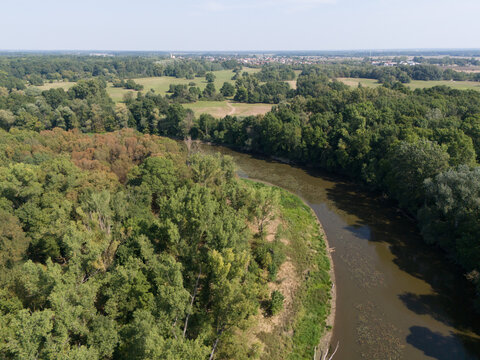Aerial view of the Morava River's oxbow lake, where dense green forests meet the winding waterway, creating a vibrant natural tapestry, Vysoka pri Morave, Bratislava Region, Slovakia.