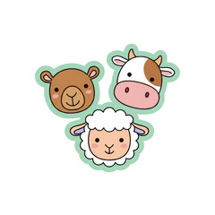 Fototapeta premium Cute Cartoon Farm Animal Faces: Cow, Sheep, Camel - Vector Illustration
