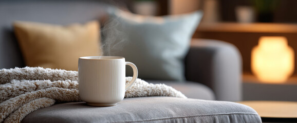 Steaming white ceramic mug on cozy gray sofa with soft blanket and blurred pillows in warm ambient living room setting