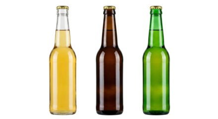 Three Assorted Beer Bottles: Clear, Amber, and Green Glass, Isolated on White