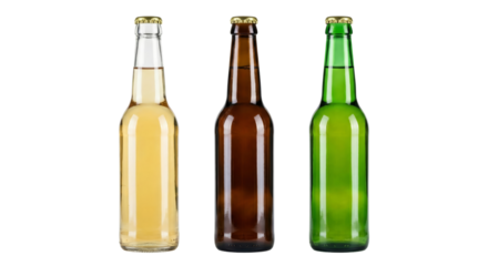Three Beer Bottles Variety: Clear, Brown, Green Glass, Isolated
