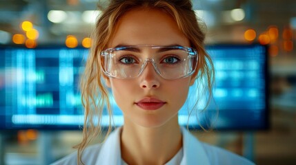 Female scientist analyzes data on a transparent screen in a high-tech lab while demonstrating the importance of STEM diversity