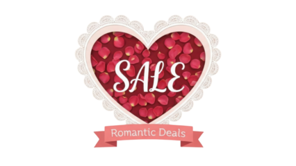 Decorative Valentine's Day Sale Vector Graphic with Rose Petals and Lace Heart isolated PNG with Transparent Background