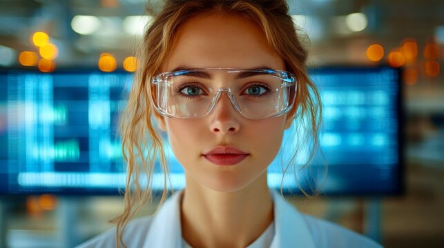Female scientist analyzes data on a transparent screen in a high-tech lab while demonstrating the importance of STEM diversity - Powered by Adobe