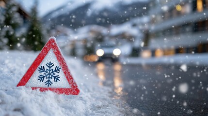 Triangular road sign with a snowflake symbol covered in snow, warning of icy and slippery roads, highlighting winter driving safety, dangerous weather and cold season road hazards