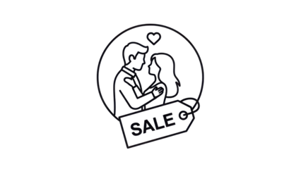 Black Line Vector Icon of Couple Embracing with Sale Tag and Heart Symbol isolated PNG with Transparent Background