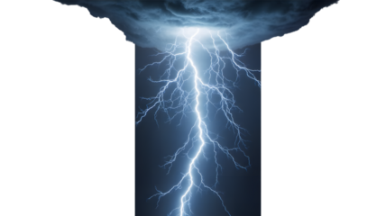 A massive vivid blue white lightning bolt dramatically strikes from a dark ominous stormy cloud illuminating the intense atmosphere a powerful natural weather phenomenon isolated on transpar