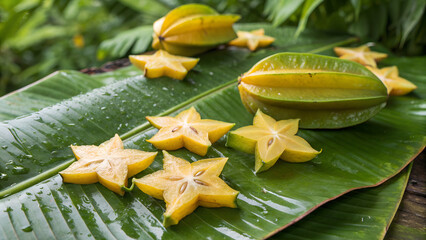 Starfruit arranged naturally on banana leaves after rainfall